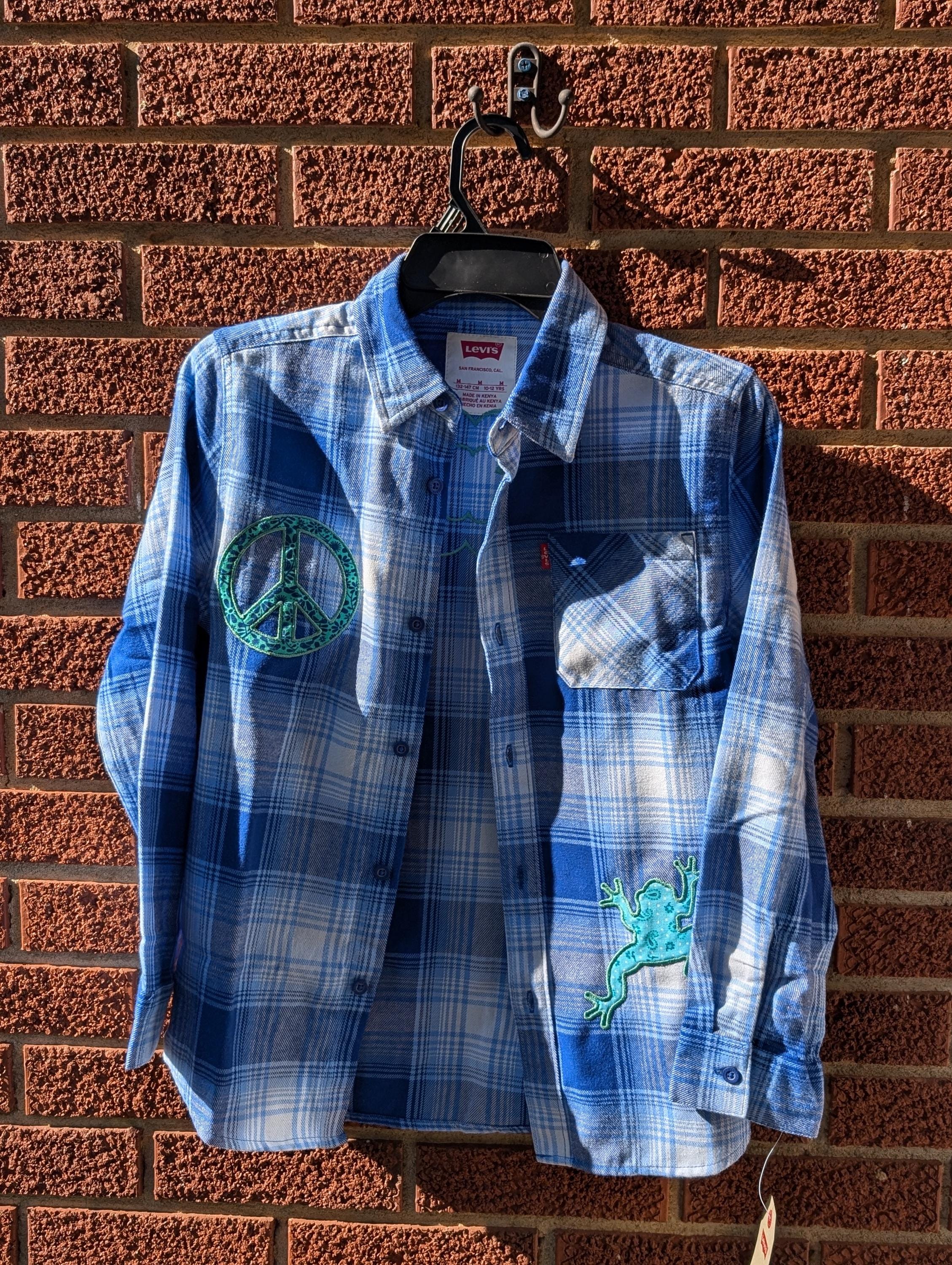Youth Medium Peace + Frogs + Flower Upcycled Levi's flannel
