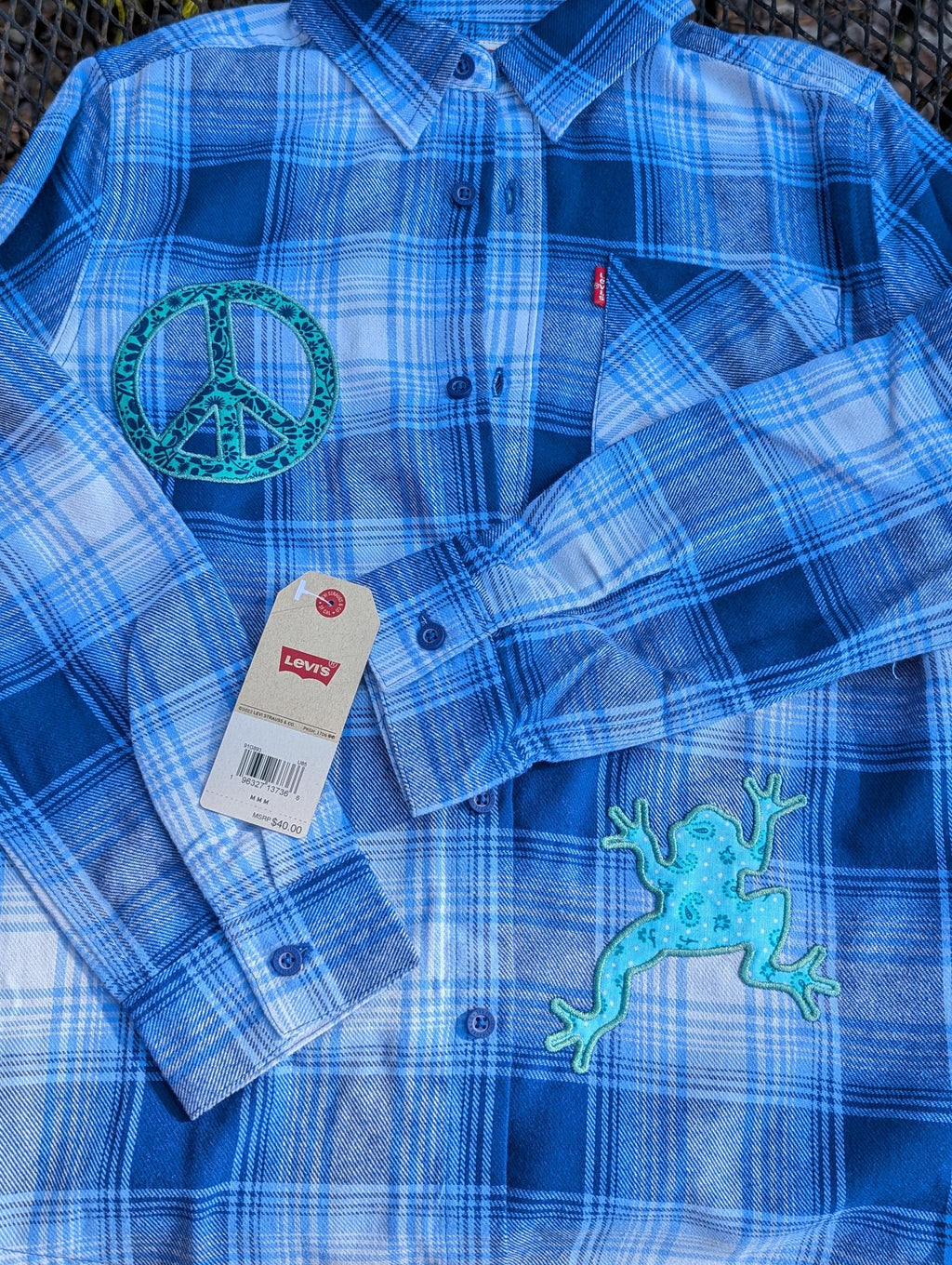 Youth Medium Peace + Frogs + Flower Upcycled Levi's flannel