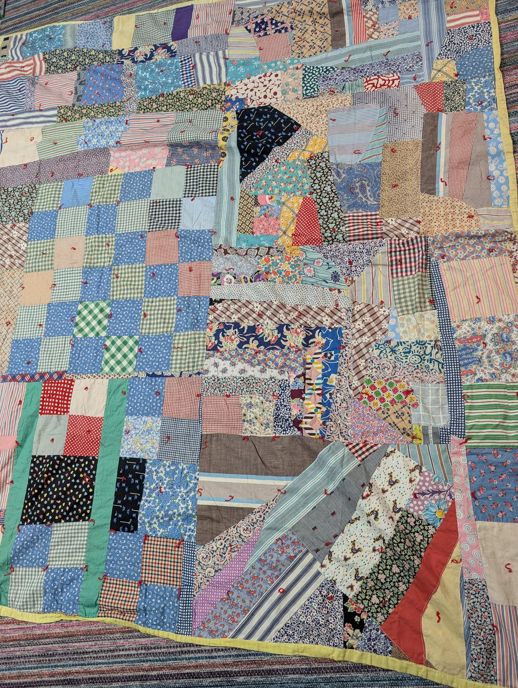 vintage reversible patchwork hand tied feed sack crazy quilt