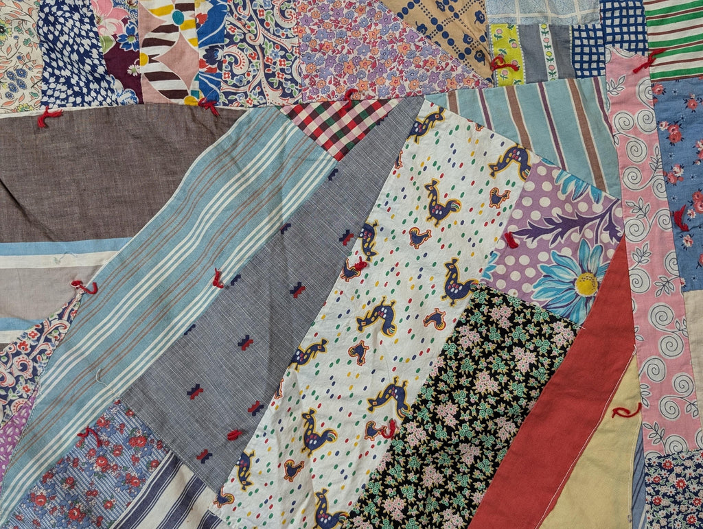 vintage reversible patchwork hand tied feed sack crazy quilt