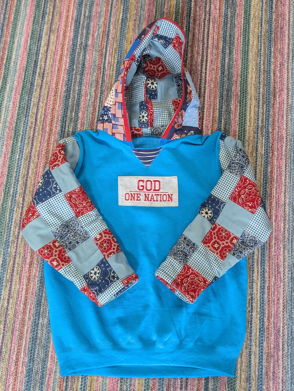 Upcycled Reworked Patchwork Women's Large Hoodie Sweatshirt Repurposed Quilt