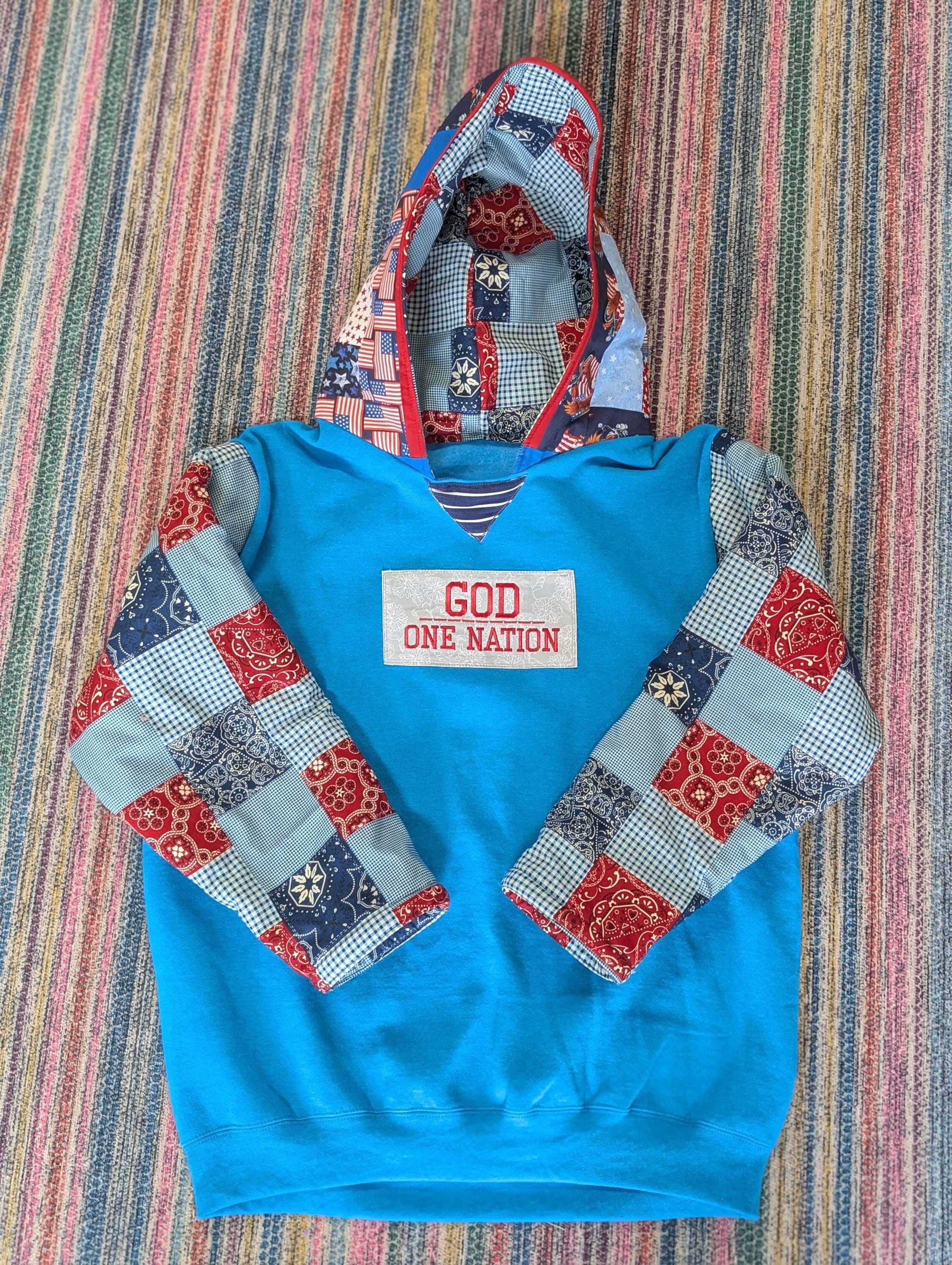 Upcycled Reworked Patchwork Women's Large Hoodie Sweatshirt Repurposed Quilt