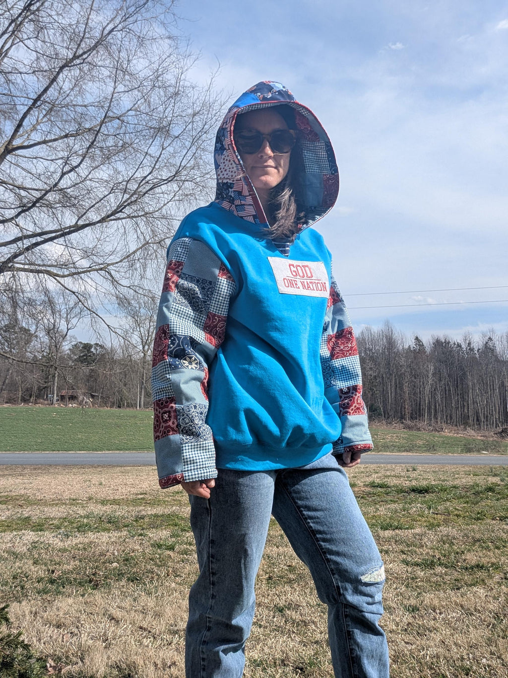 Upcycled Reworked Patchwork Women's Large Hoodie Sweatshirt Repurposed Quilt