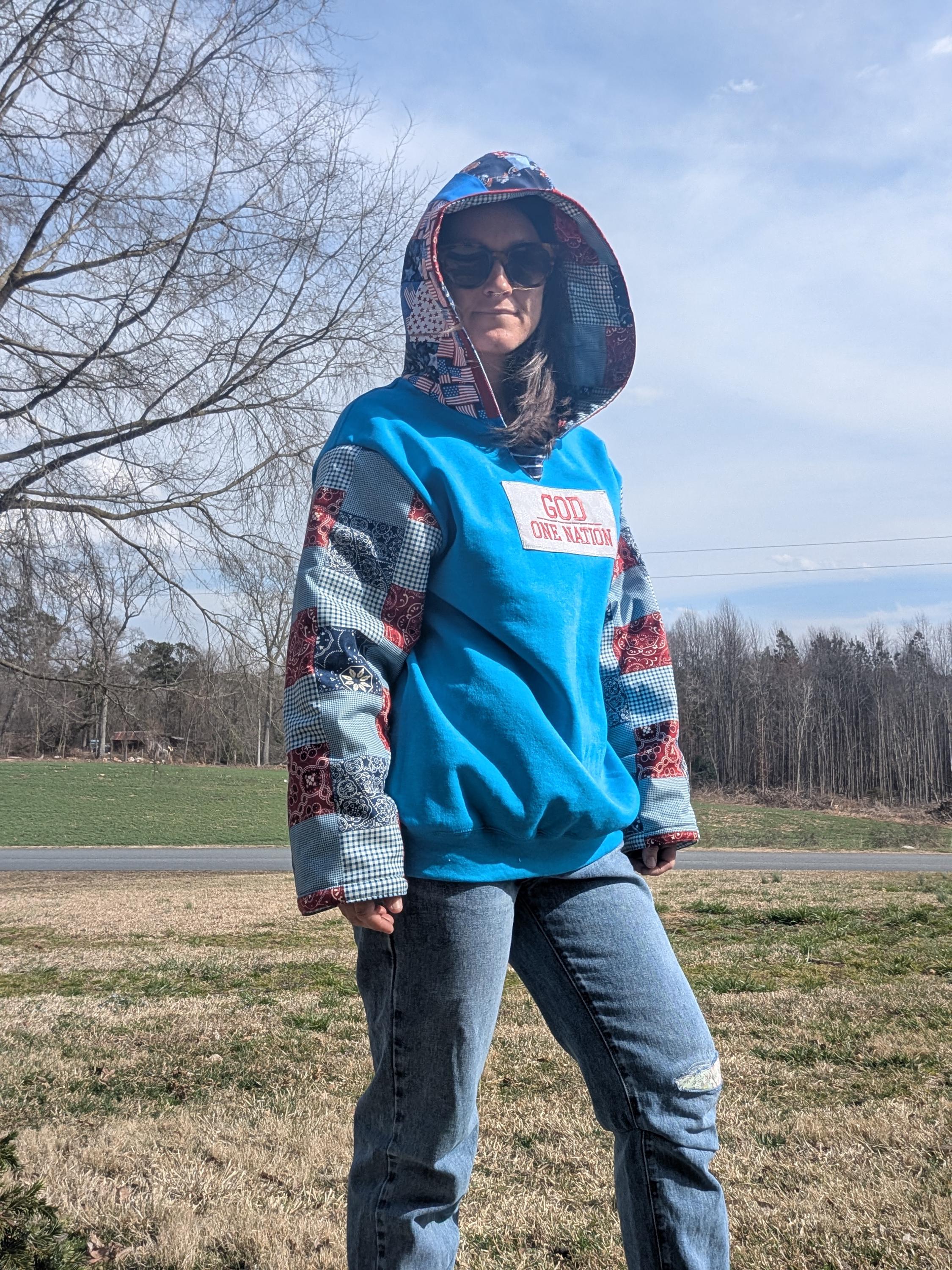 Upcycled Reworked Patchwork Women's Large Hoodie Sweatshirt Repurposed Quilt