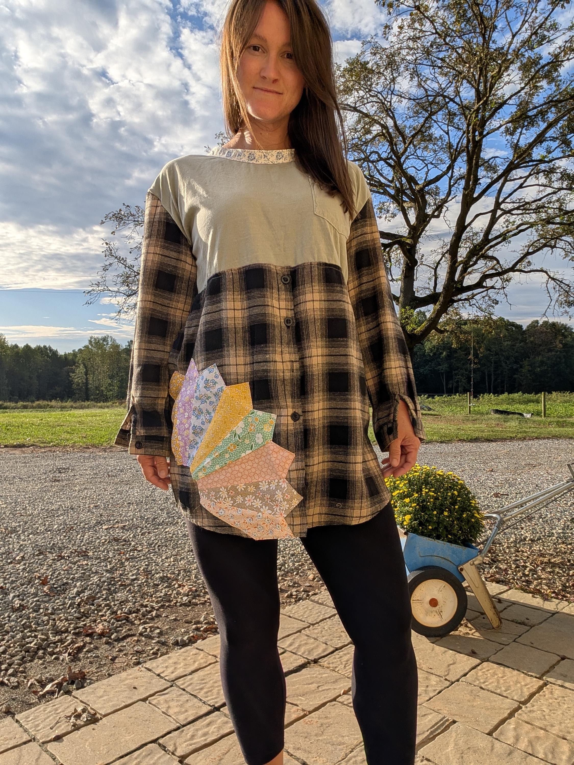 Reworked Upcycled Flannel Tunic Tee Vintage Quilt Pieces Women's Large