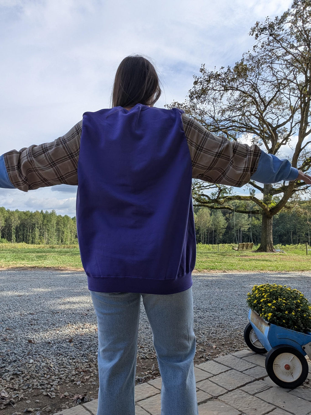 Women's Size Large Upcycled Reworked Flannel Quilt Pocket Crewneck Sweater