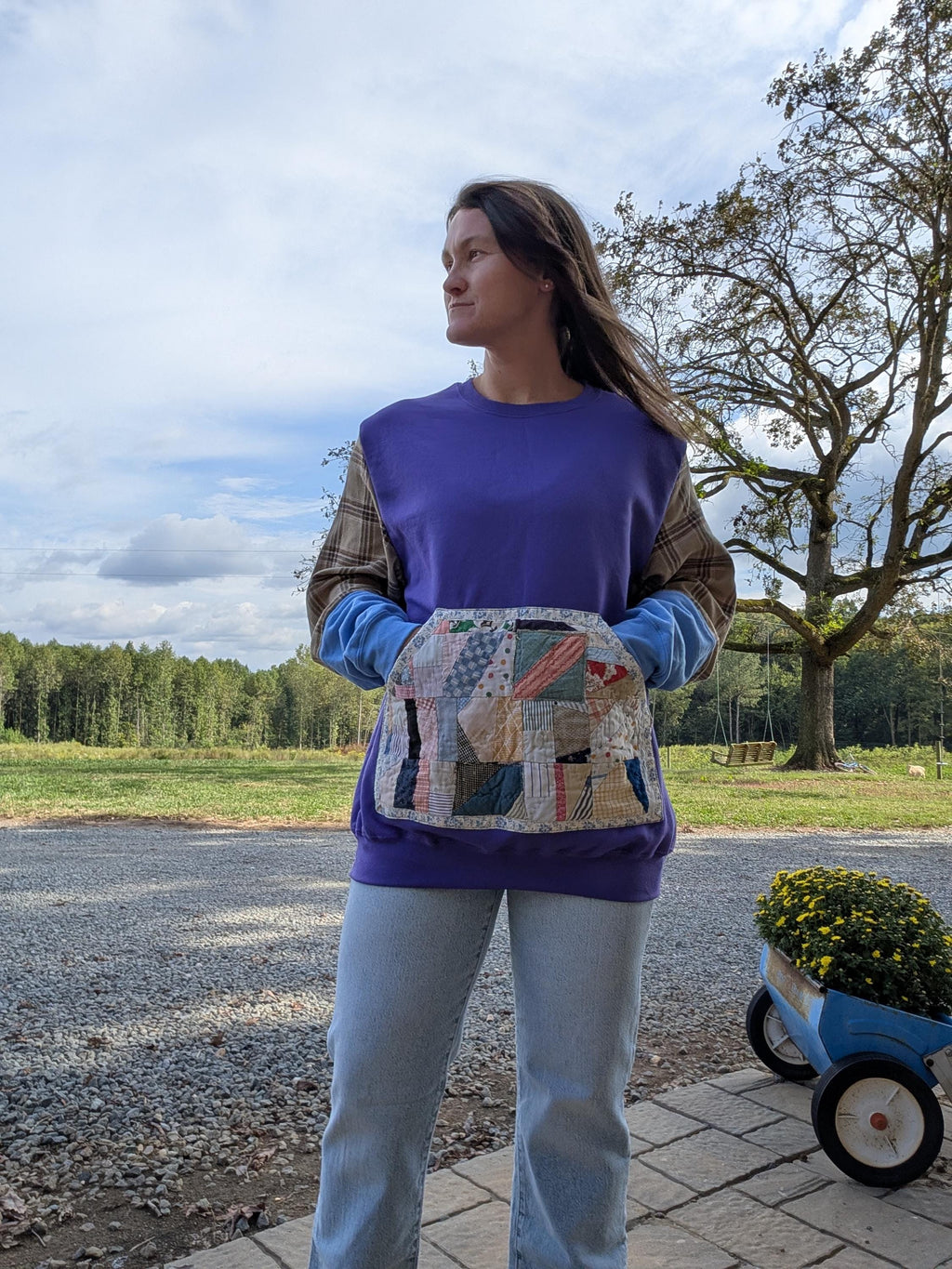 Women's Size Large Upcycled Reworked Flannel Quilt Pocket Crewneck Sweater