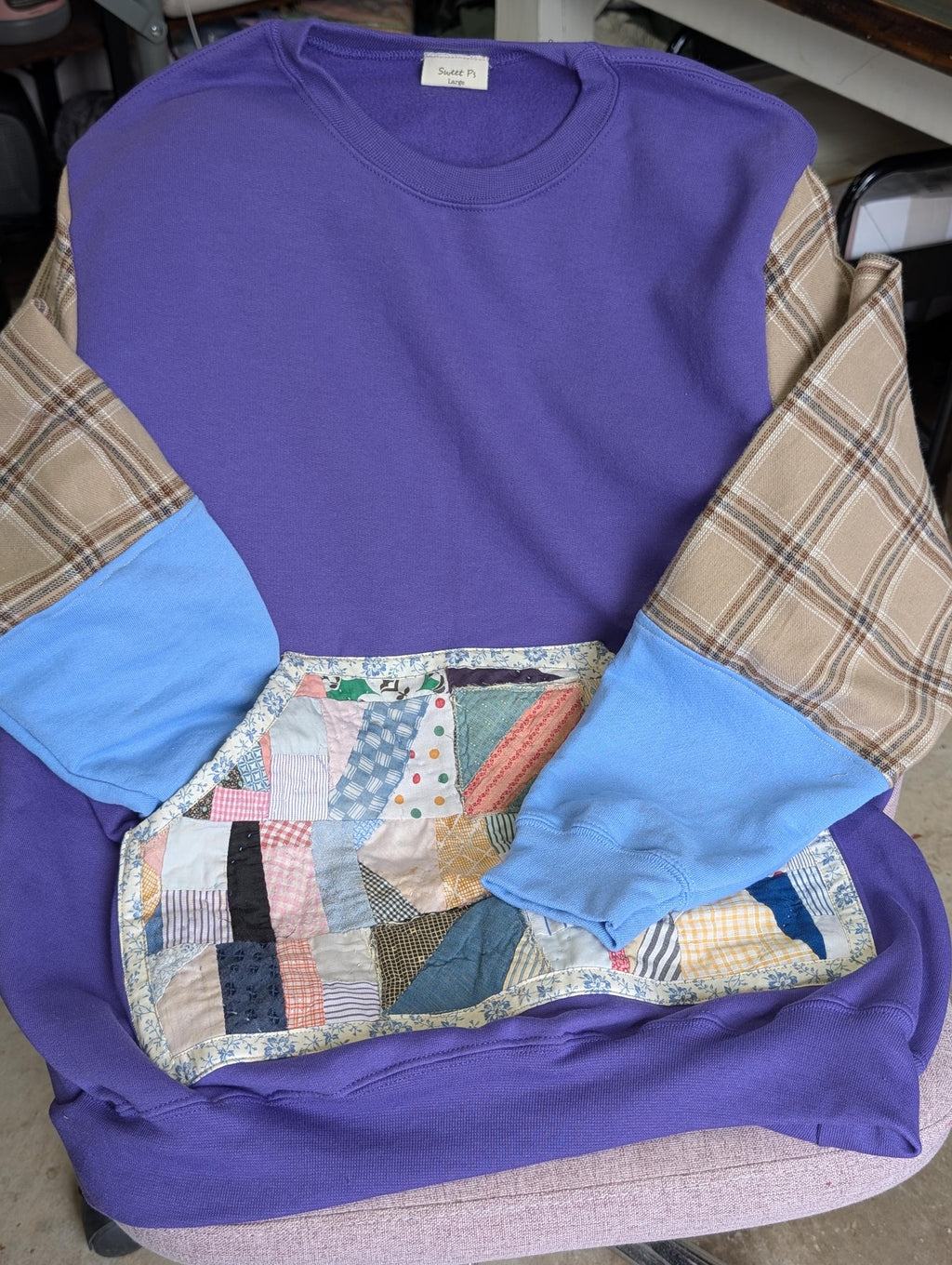 Women's Size Large Upcycled Reworked Flannel Quilt Pocket Crewneck Sweater