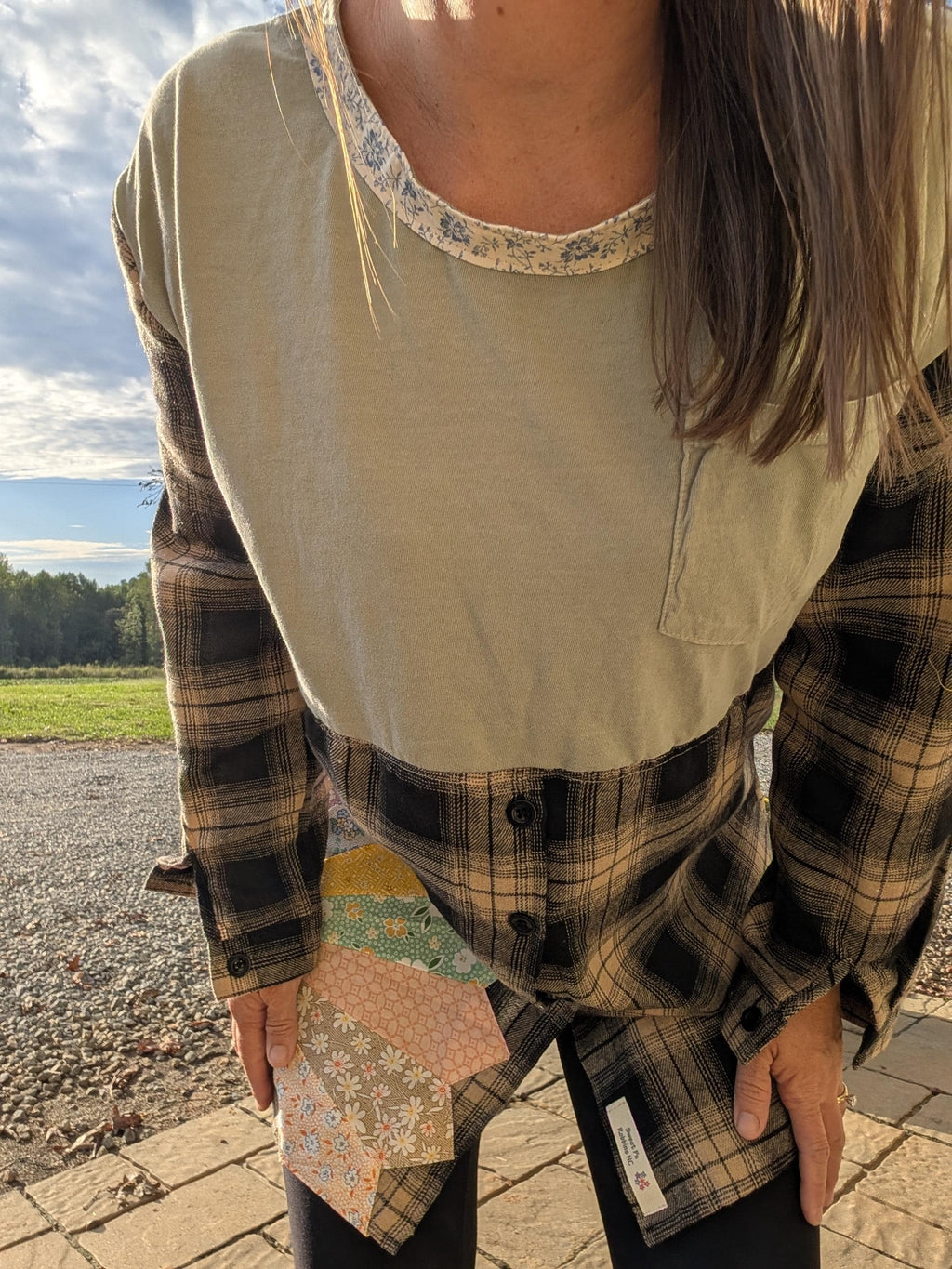 Reworked Upcycled Flannel Tunic Tee Vintage Quilt Pieces Women's Large