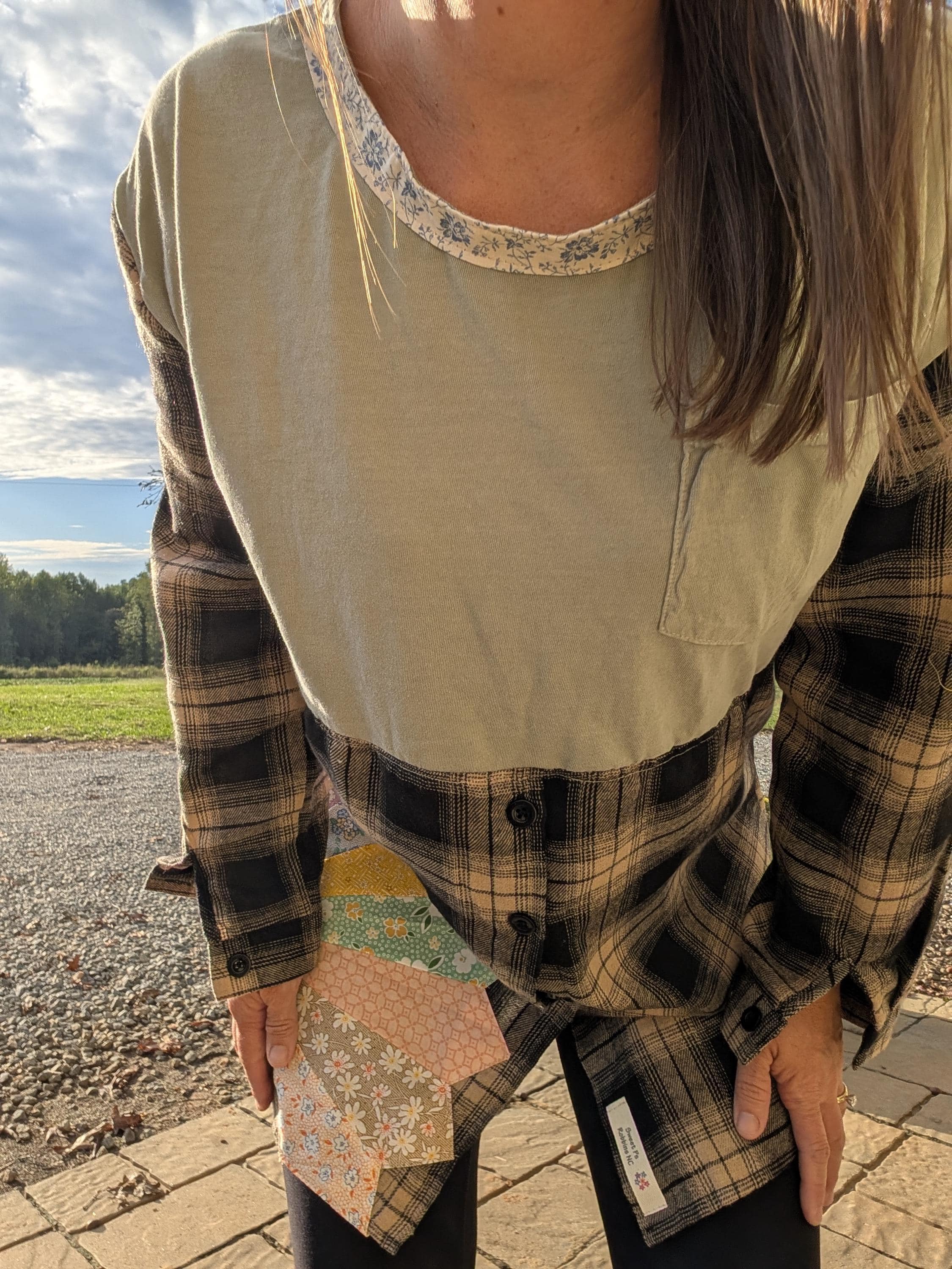 Reworked Upcycled Flannel Tunic Tee Vintage Quilt Pieces Women's Large
