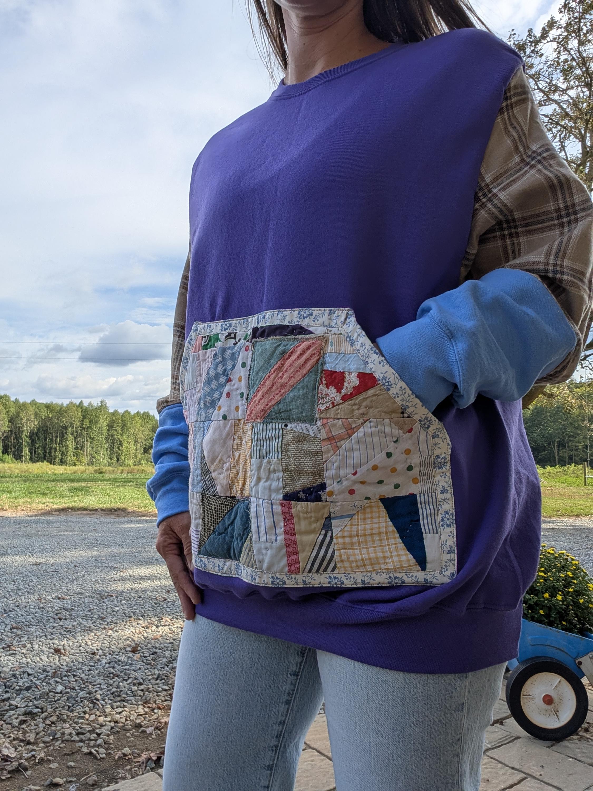 Women's Size Large Upcycled Reworked Flannel Quilt Pocket Crewneck Sweater