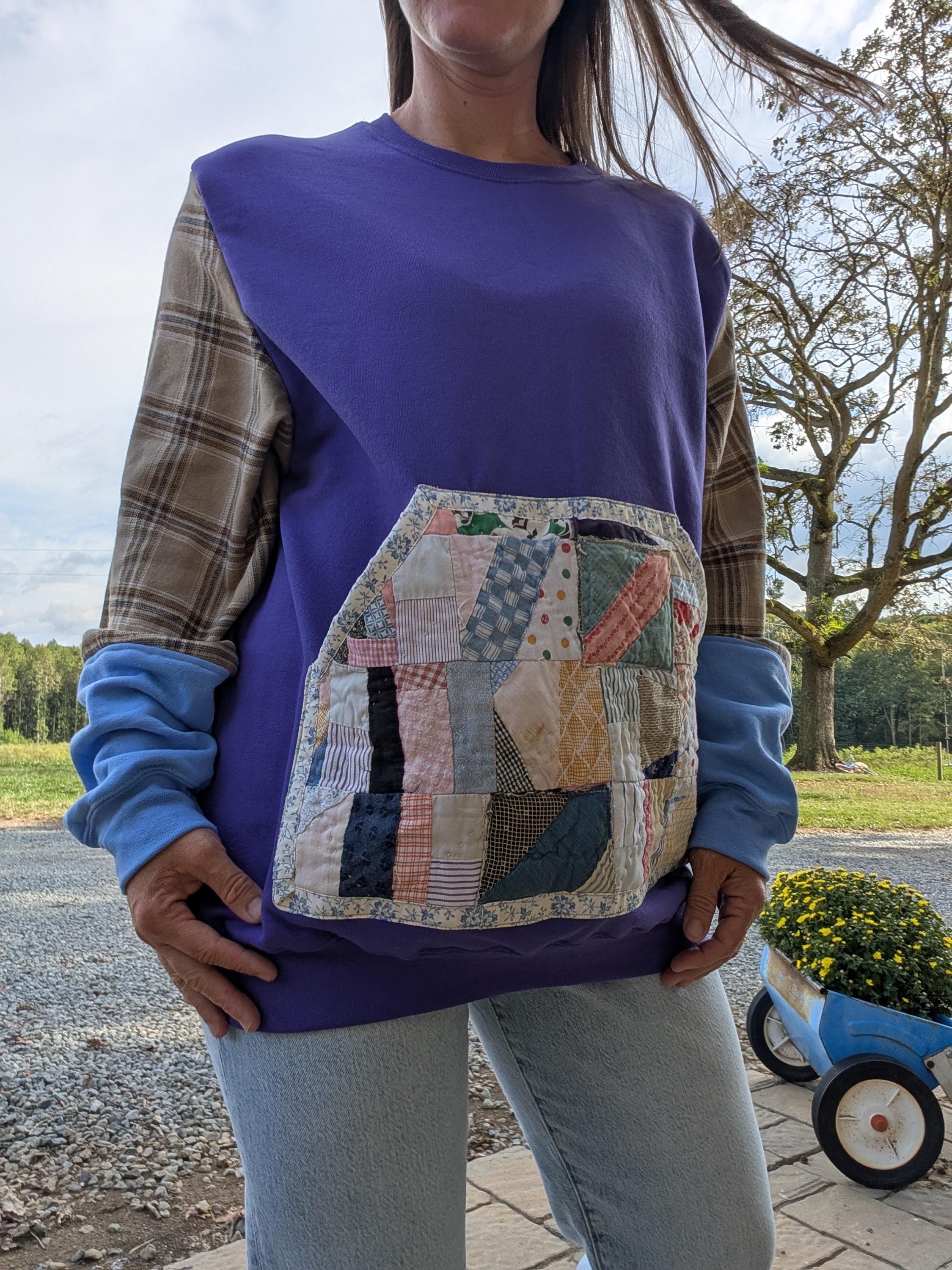 Women's Size Large Upcycled Reworked Flannel Quilt Pocket Crewneck Sweater